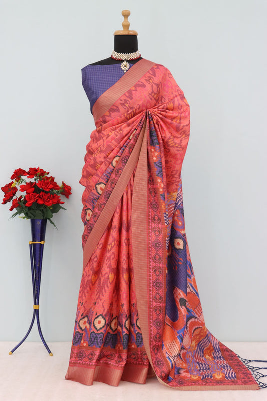 Traditional Red & Blue Mysore Silk Saree with Jari Checks and Ikat Design