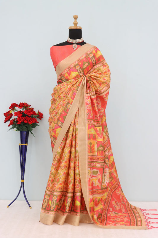 Traditional Red and Beige Mysore Silk Saree with Pure Jari Temple Motif Border