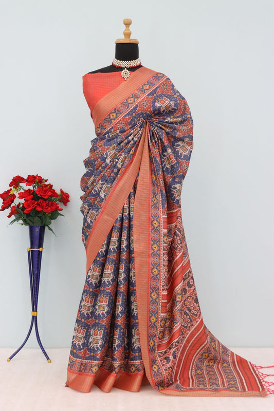 Rust Orange and Navy Blue Mysore Silk Saree with Pure Zari Border and Checked Blouse
