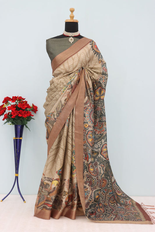 Beige and Brown Mysore Silk Saree with Zari Border and Kalamkari Art