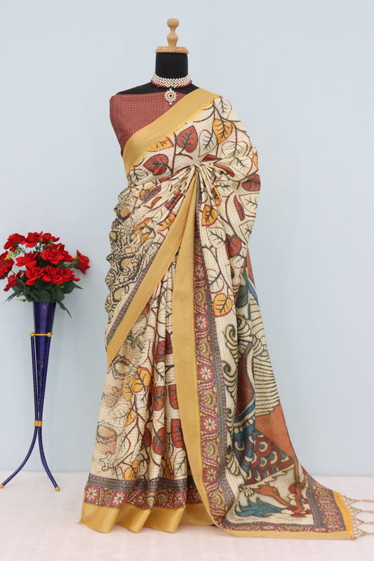 Mysore Silk Saree with Pure Jari and Madhubani Leaf Print in Cream and Mustard