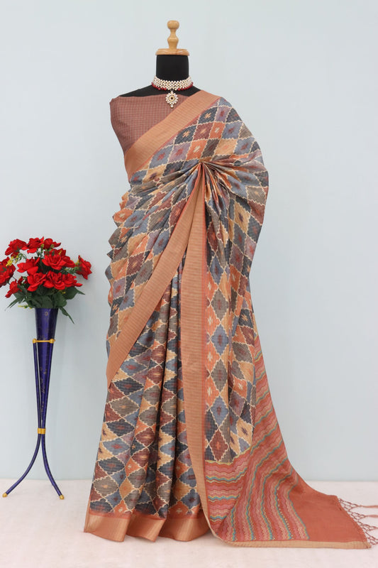 Earthy Mysore Silk Saree with Pure Jari Border and Subtle Checks