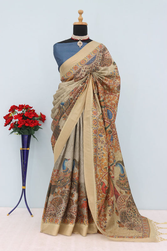Beige Mysore Silk Saree with Pure Zari and Peacock Kalamkari Pallu