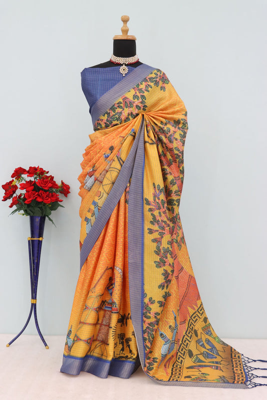 Mysore Silk Saree with Pure Jari and Warli Art – Yellow Orange with Blue Border