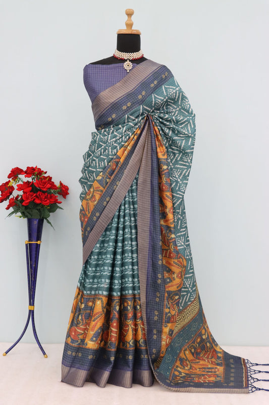 Teal Green Mysore Silk Saree with Pure Zari and Temple Pallu