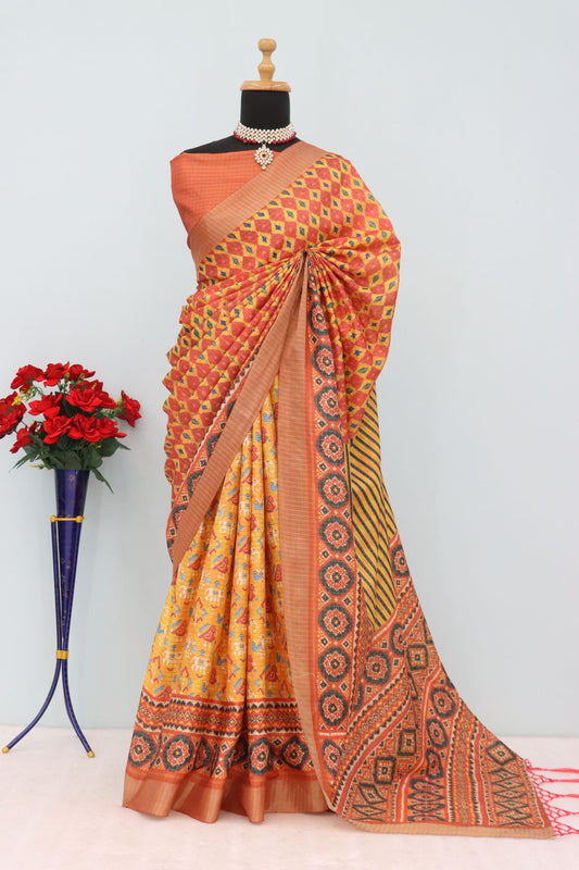 Vibrant Yellow-Orange Mysore Silk Saree with Zari & Motifs