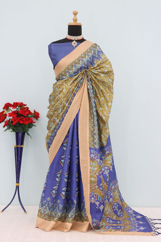 Royal Blue Mysore Silk Saree with Pure Zari Border and Small Ikat Checks