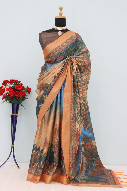 Elegant Mysore silk saree in teal blue with peacock jari border