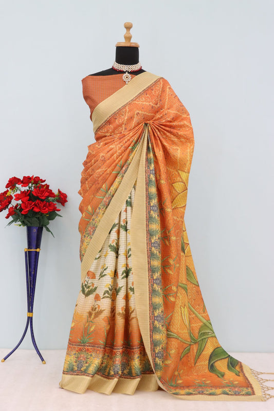 Floral Orange Mysore Silk Saree with Pure Jari and Printed Pallu