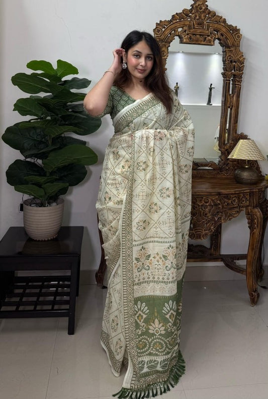 Pure linen cotton saree in cream green with temple border