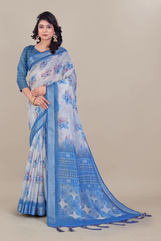 Elegant Blue and White Floral Linen Saree with Zari Border