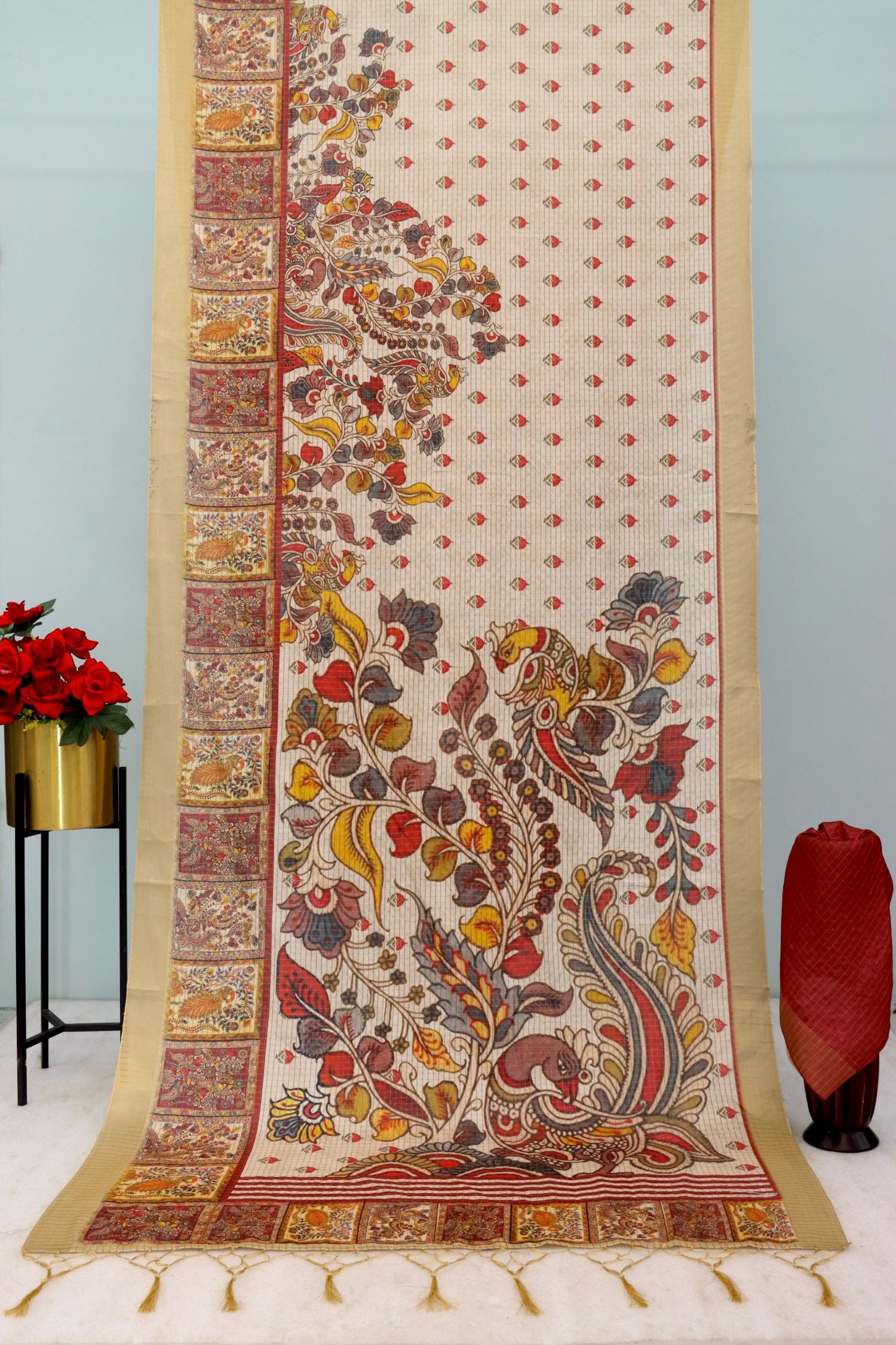 Elegant Beige Mysore Silk Saree with Pure Zari Checks and Temple Border Design