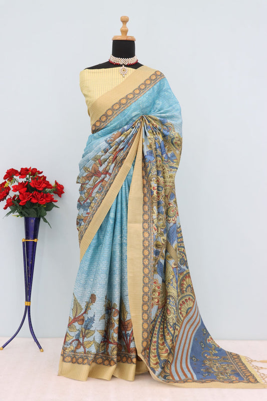 Traditional Blue Mysore Silk Saree with Zari Border and Checks