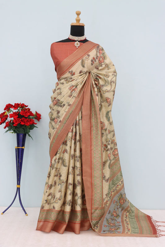 Elegant Mysore Silk Saree with Subtle Checks and Floral Zari Pallu