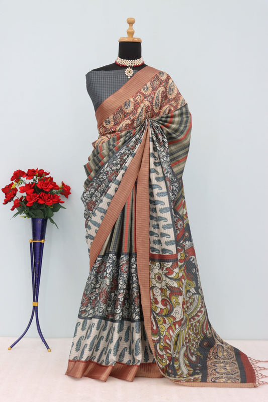 Multicolor Mysore Silk Saree with Pure Zari Checks & Kalamkari Patchwork