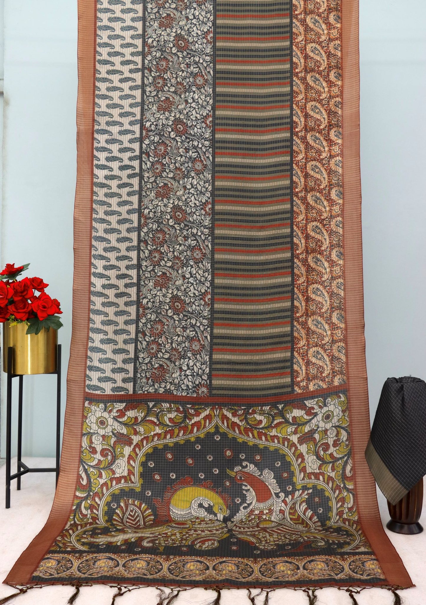 Multicolor Mysore Silk Saree with Pure Zari Checks & Kalamkari Patchwork