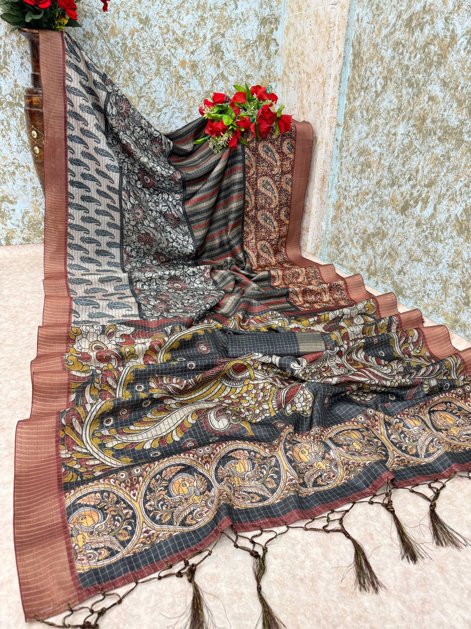 Multicolor Mysore Silk Saree with Pure Zari Checks & Kalamkari Patchwork