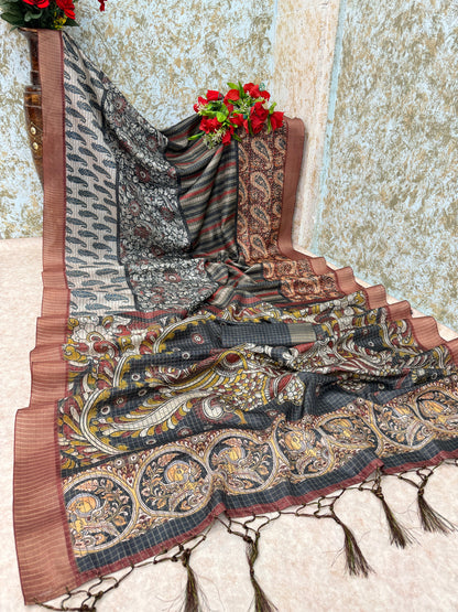 Multicolor Mysore Silk Saree with Pure Zari Checks & Kalamkari Patchwork