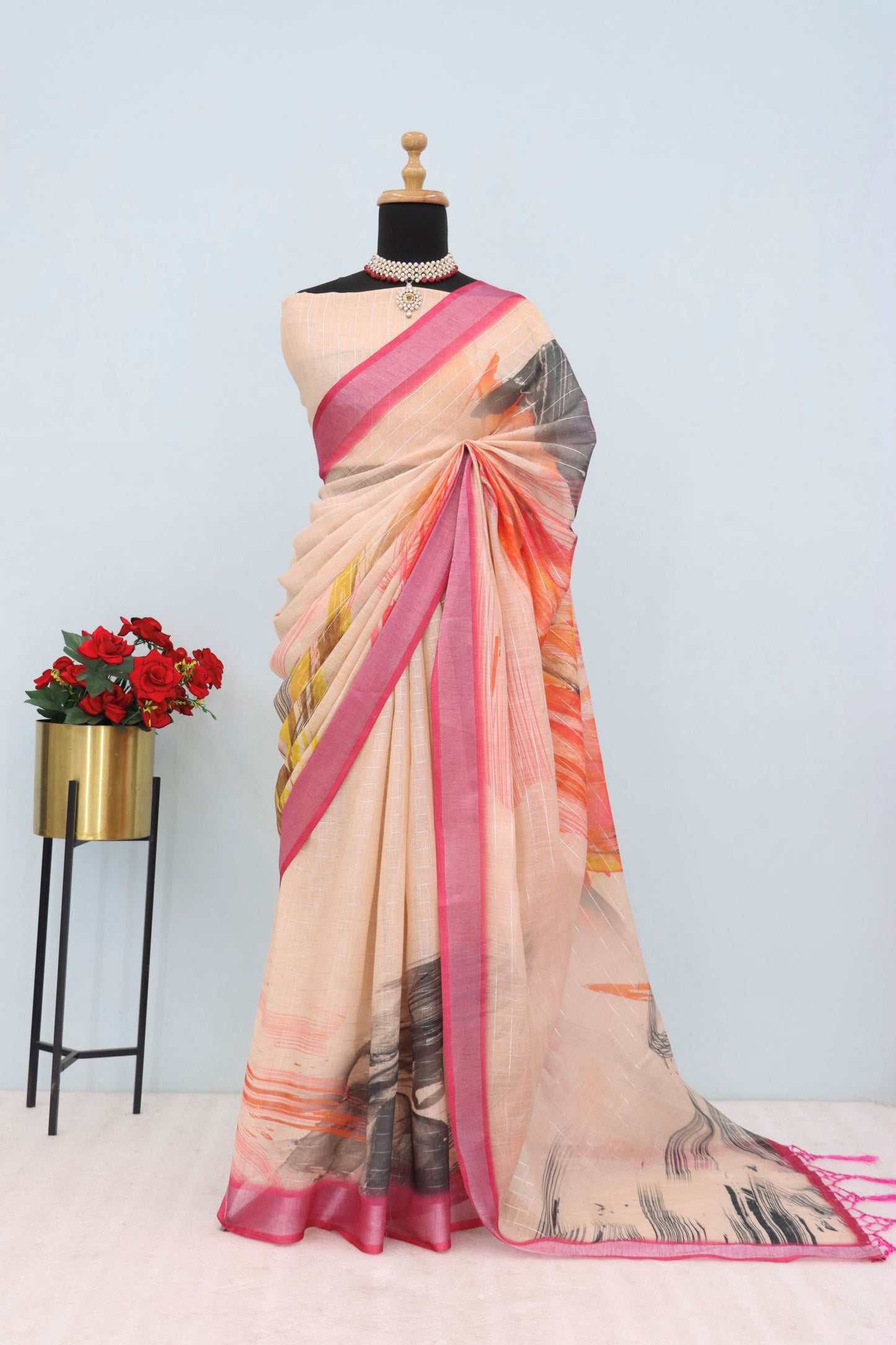 Elegant Peach Linen Saree with Abstract Digital Print and Pink Border