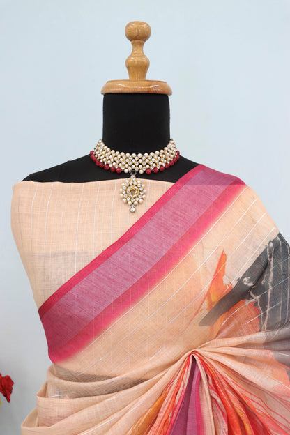 Elegant Peach Linen Saree with Abstract Digital Print and Pink Border