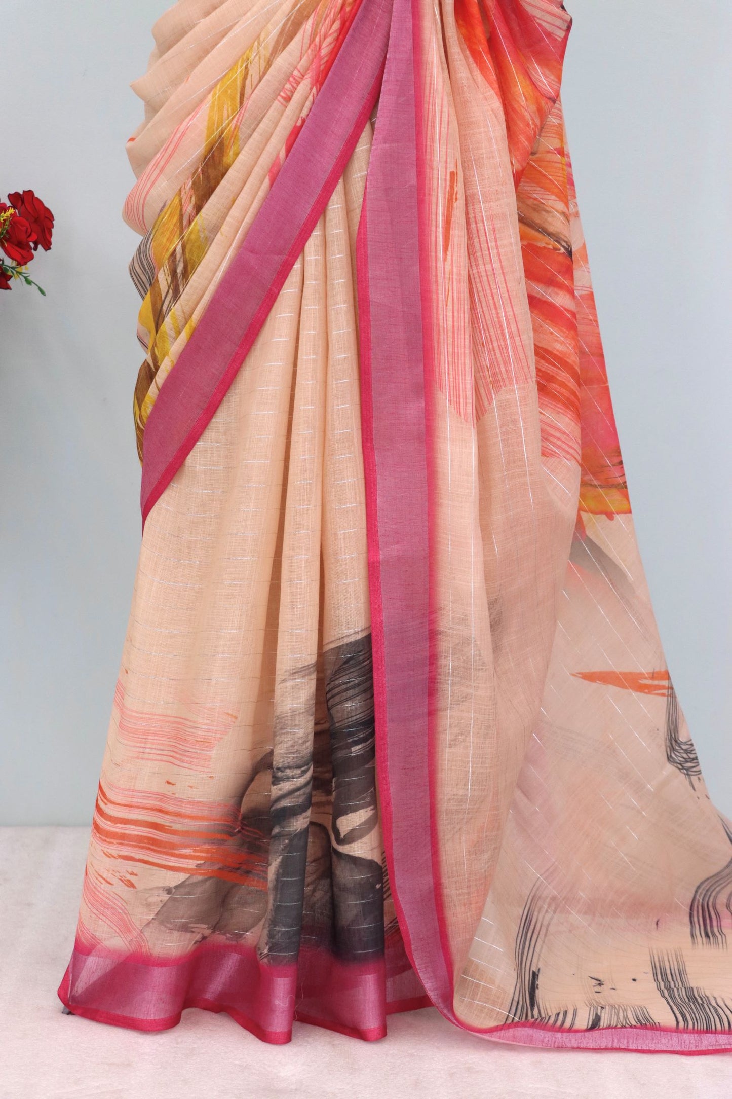 Elegant Peach Linen Saree with Abstract Digital Print and Pink Border