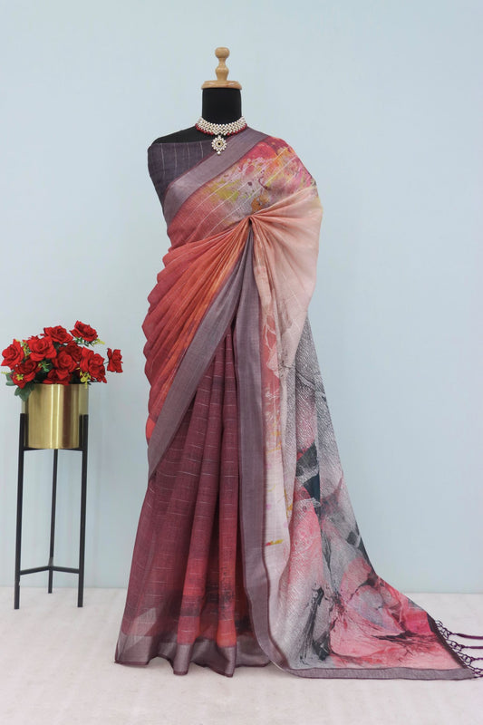 Elegant Maroon & Mauve Linen Saree with Abstract Print