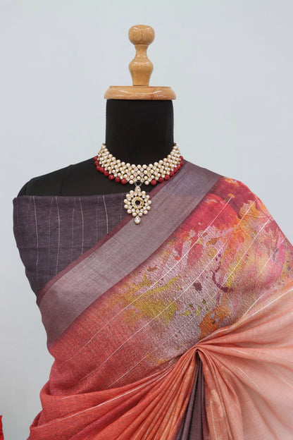 Elegant Maroon & Mauve Linen Saree with Abstract Print