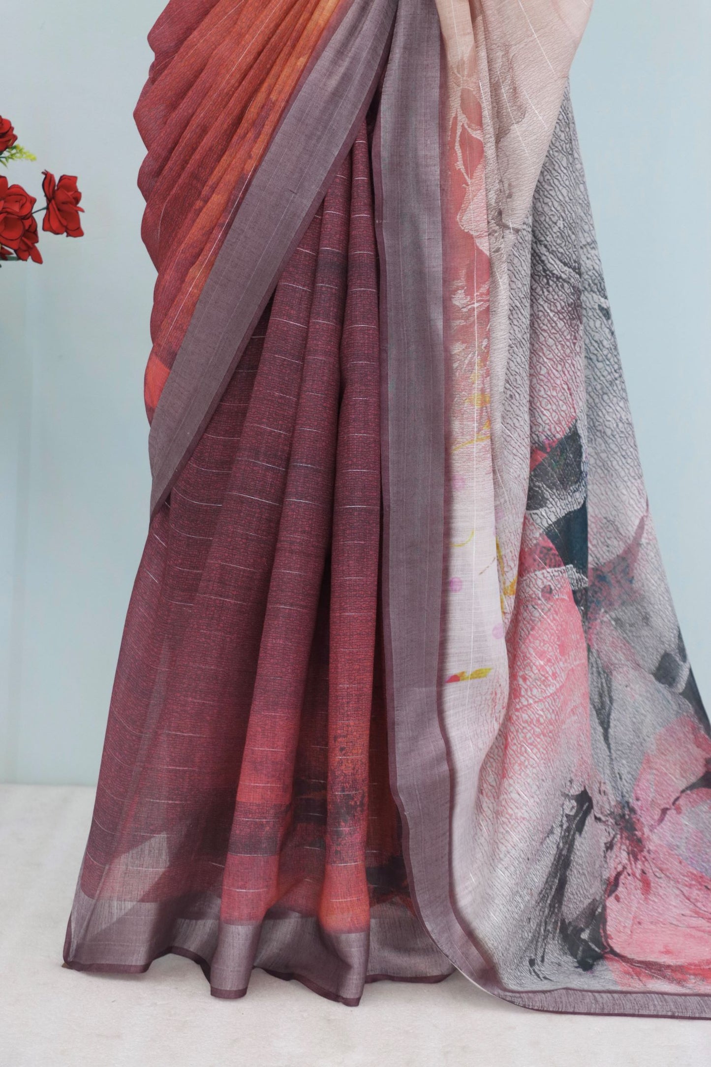 Elegant Maroon & Mauve Linen Saree with Abstract Print