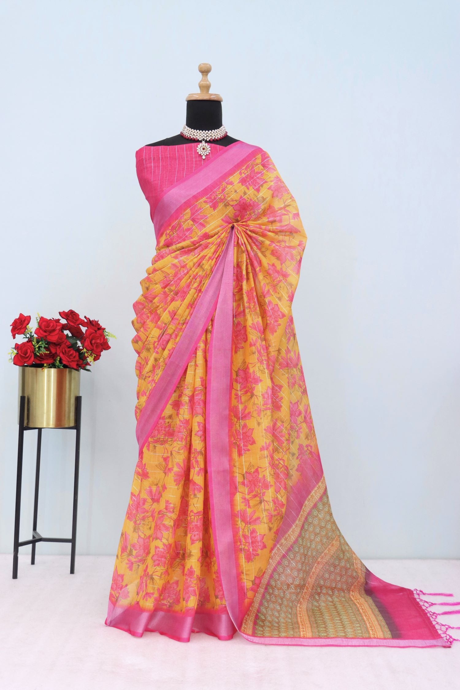 Vibrant Yellow and Pink Floral Linen Saree with Traditional Pallu