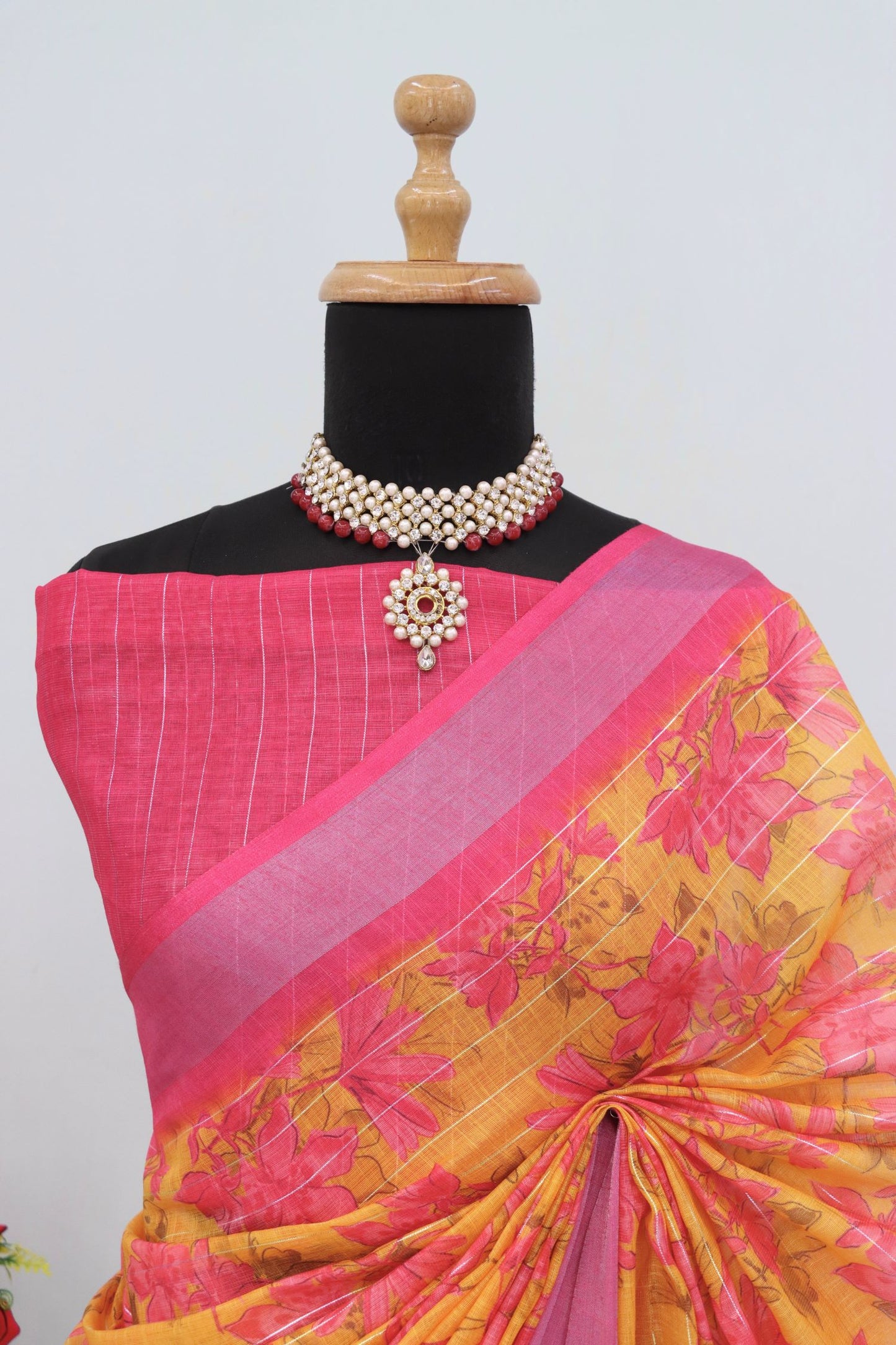 Vibrant Yellow and Pink Floral Linen Saree with Traditional Pallu