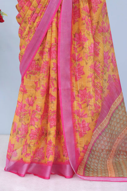Vibrant Yellow and Pink Floral Linen Saree with Traditional Pallu