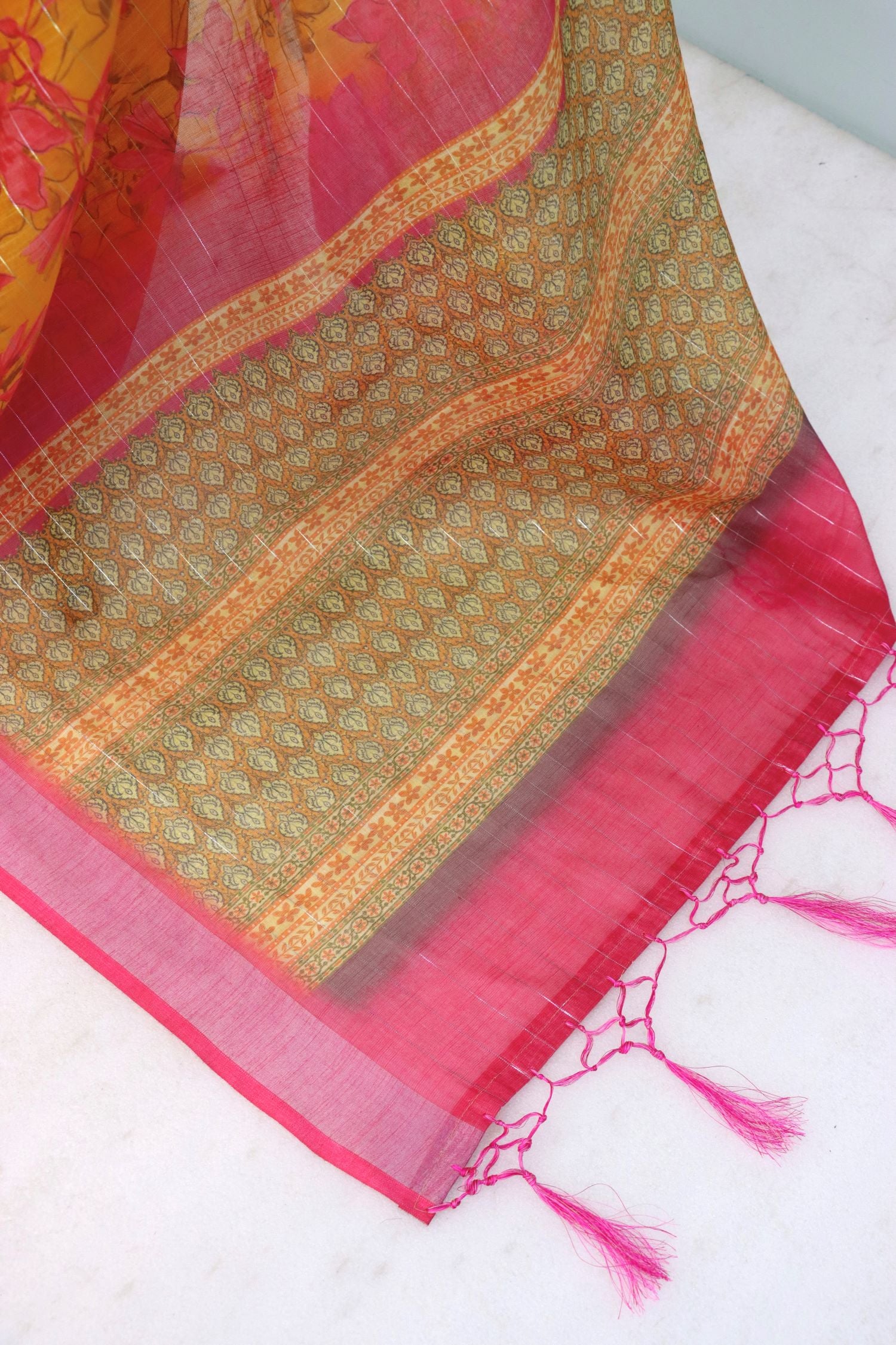Vibrant Yellow and Pink Floral Linen Saree with Traditional Pallu