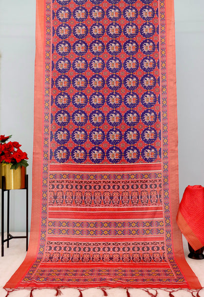 Rust Orange and Navy Blue Mysore Silk Saree with Pure Zari Border and Checked Blouse