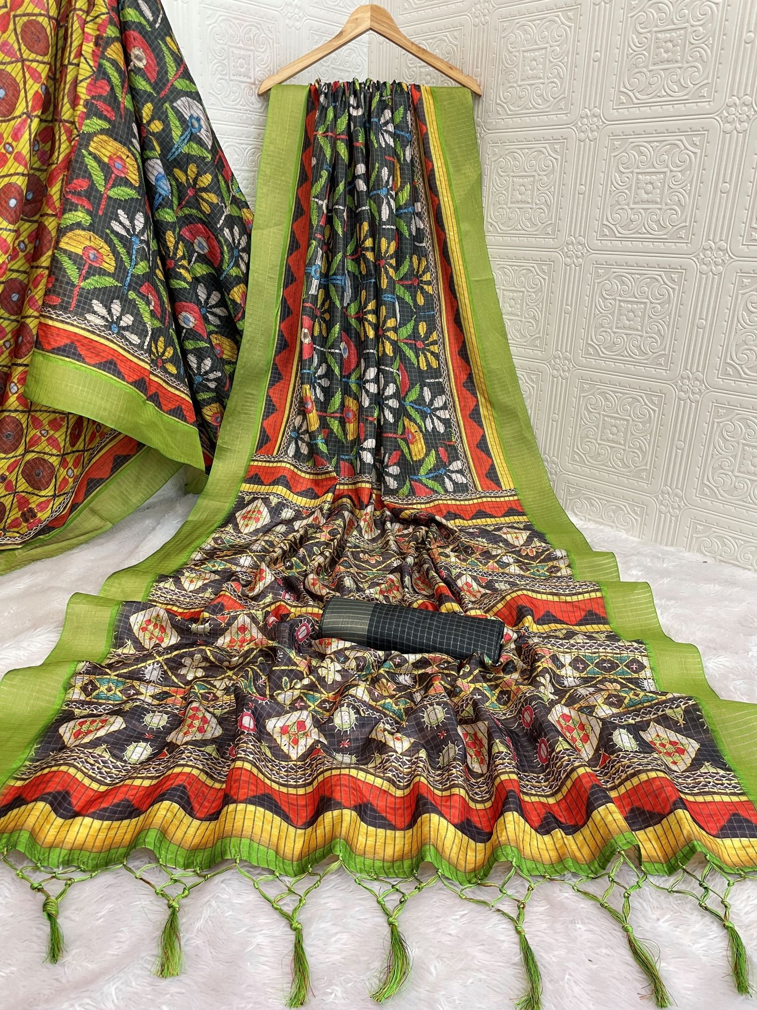 Multicolor Mysore Silk Saree with Tribal Prints & Green Border