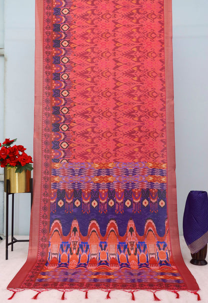 Traditional Red & Blue Mysore Silk Saree with Jari Checks and Ikat Design