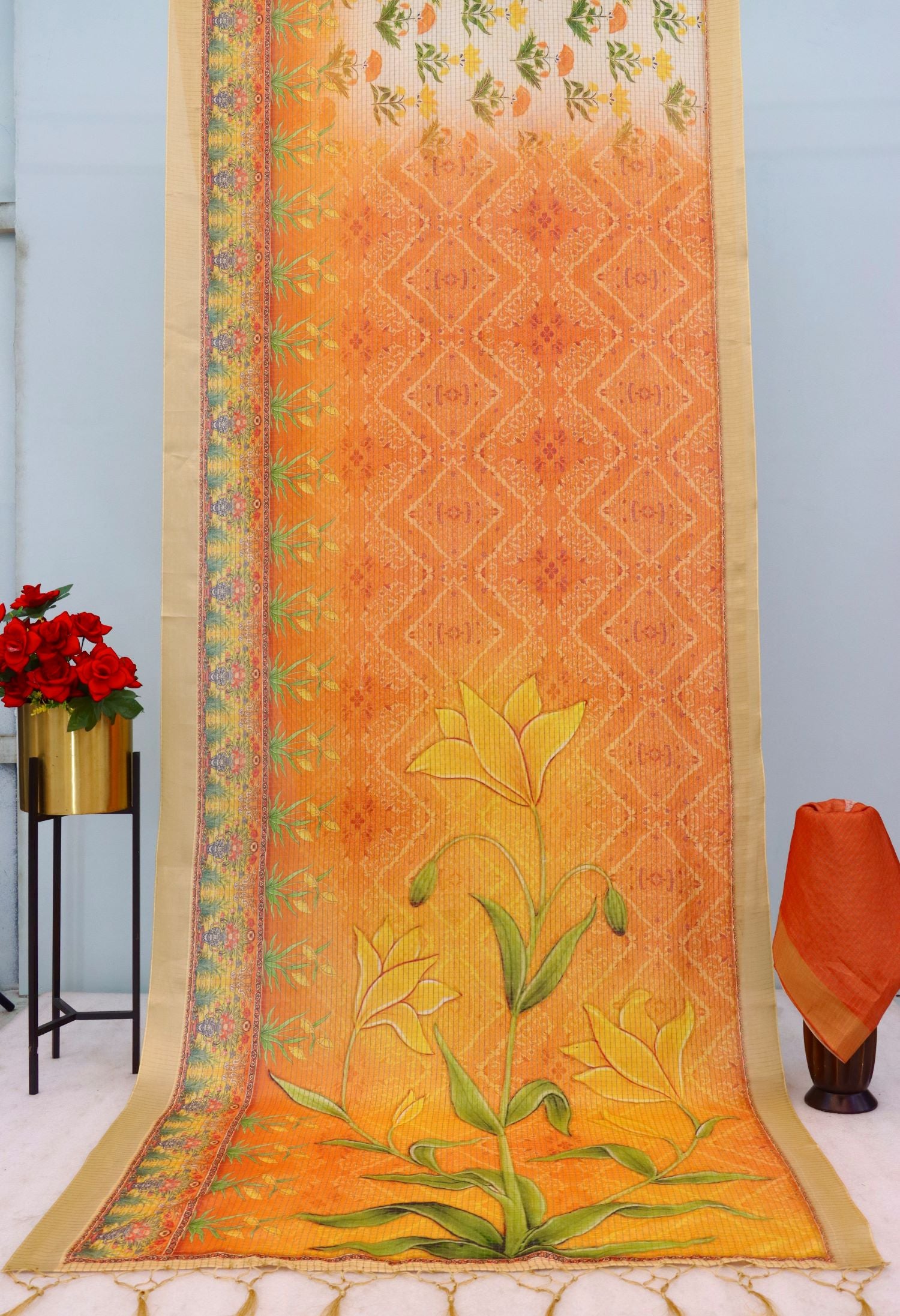 Floral Orange Mysore Silk Saree with Pure Jari and Printed Pallu