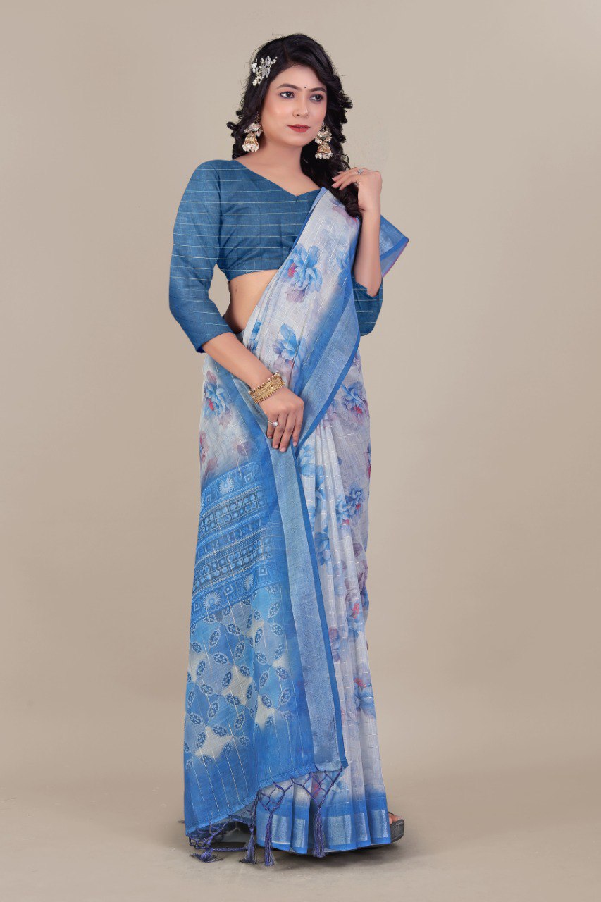 Elegant Blue and White Floral Linen Saree with Zari Border