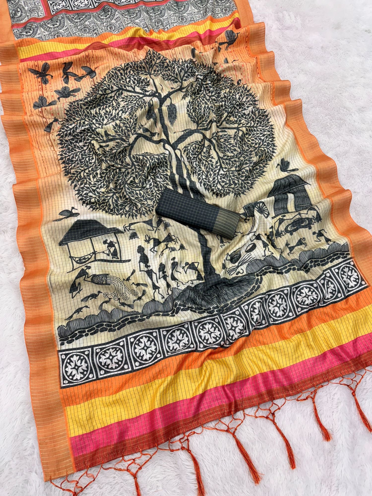 Mysore silk saree with tribal art and golden zari work