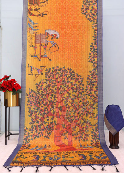 Mysore Silk Saree with Pure Jari and Warli Art – Yellow Orange with Blue Border
