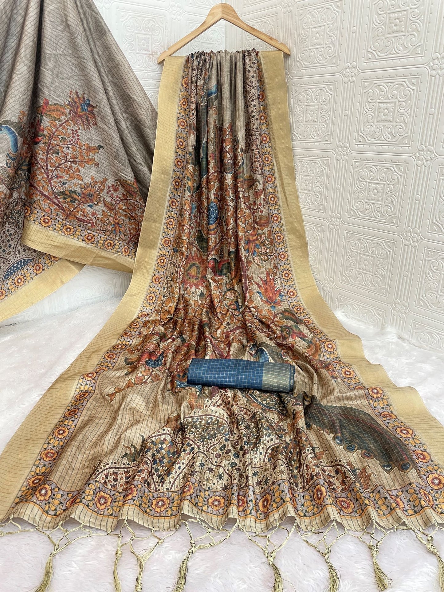 Beige Mysore Silk Saree with Pure Zari and Peacock Kalamkari Pallu