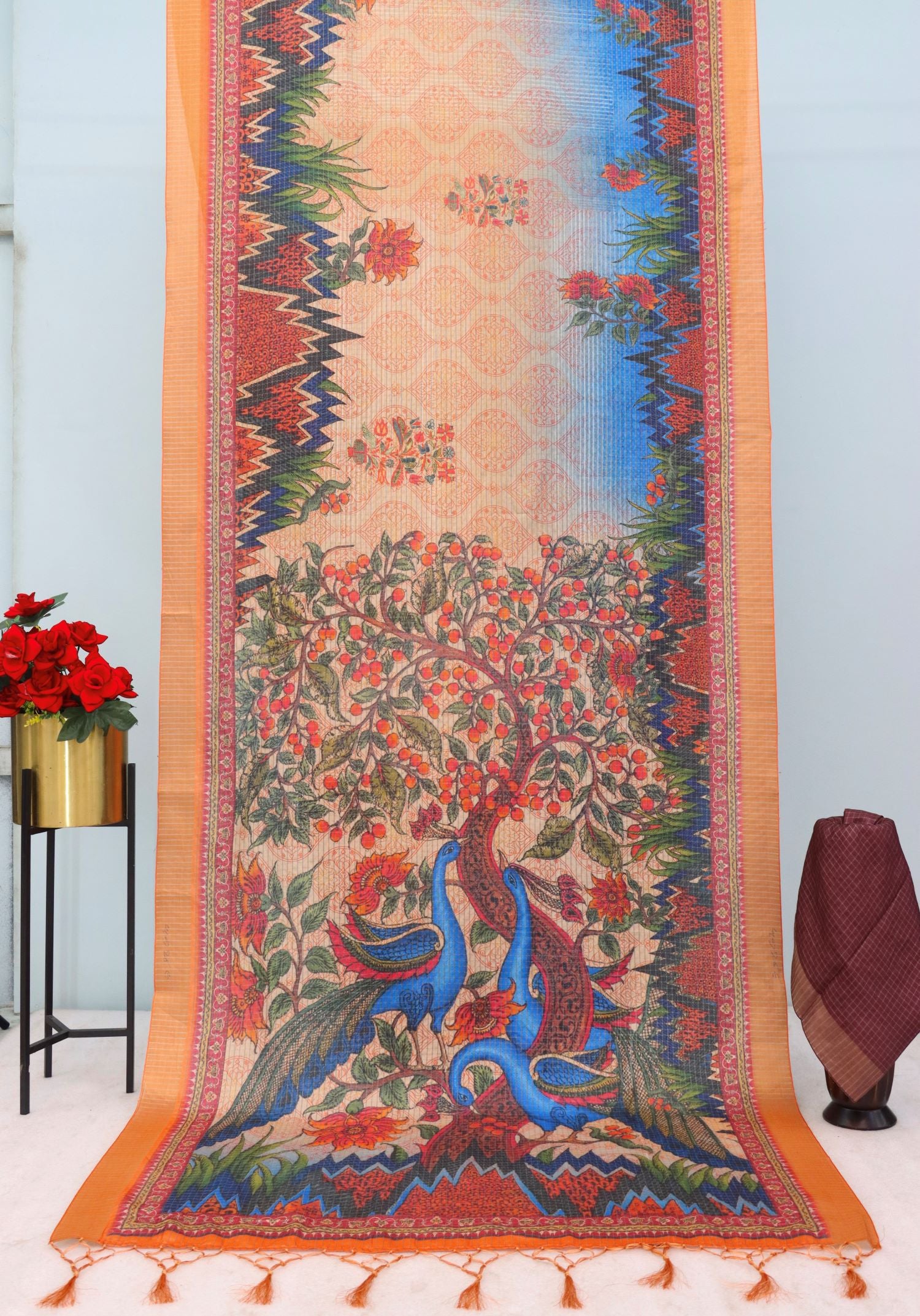 Elegant Mysore silk saree in teal blue with peacock jari border