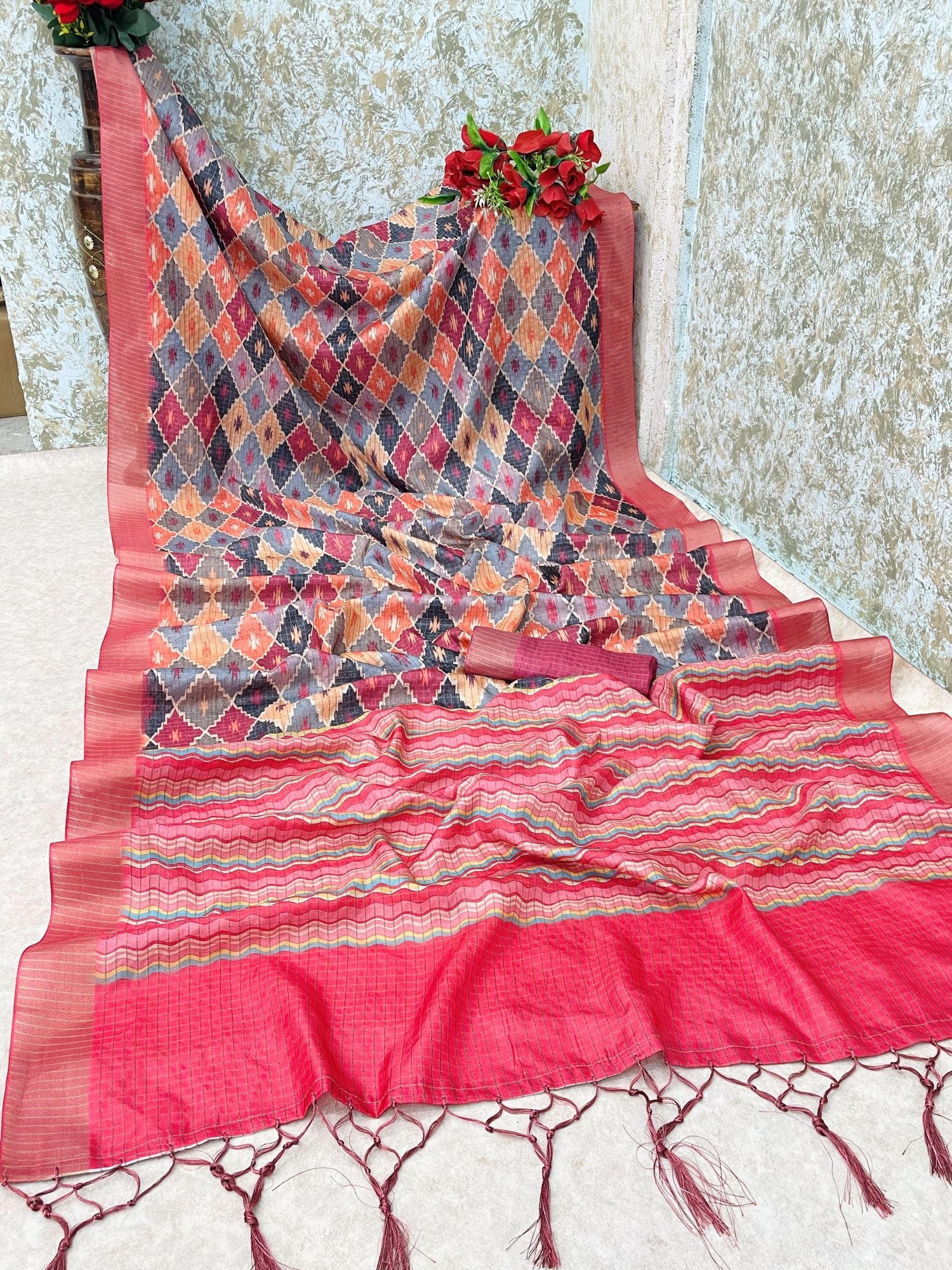 Earthy Mysore Silk Saree with Pure Jari Border and Subtle Checks