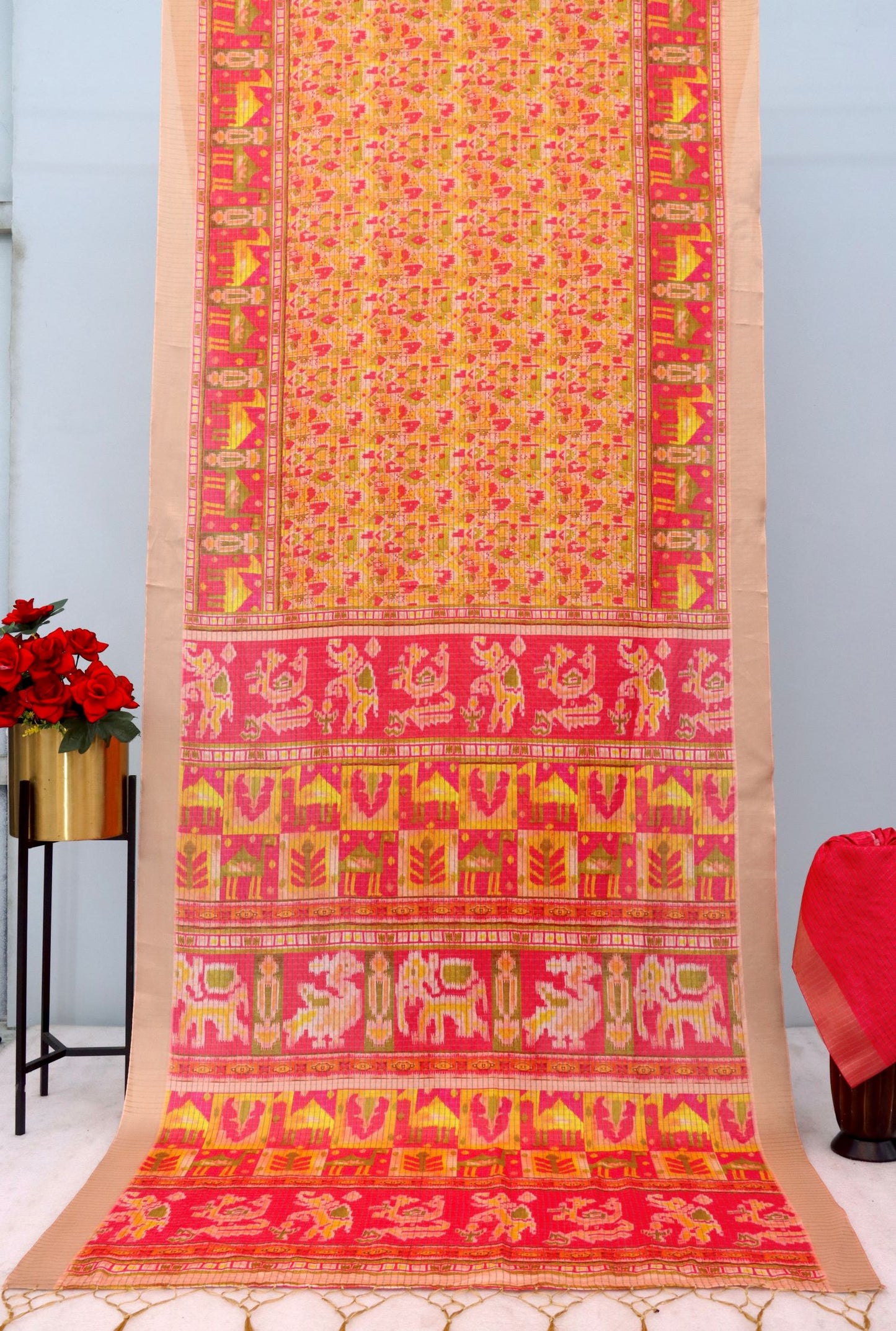 Traditional Red and Beige Mysore Silk Saree with Pure Jari Temple Motif Border