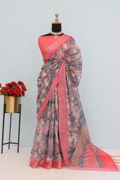 Elegant Floral Linen Saree in Soft Pastel – Breathable Fabric for Women