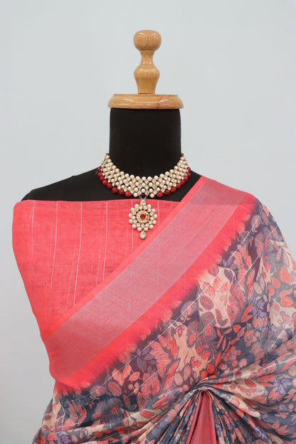 Elegant Floral Linen Saree in Soft Pastel – Breathable Fabric for Women
