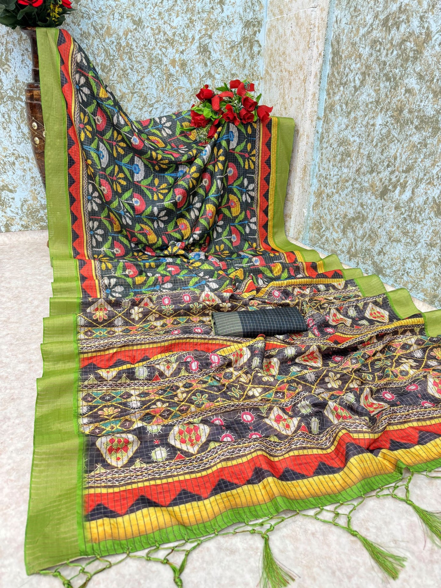 Multicolor Mysore Silk Saree with Tribal Prints & Green Border