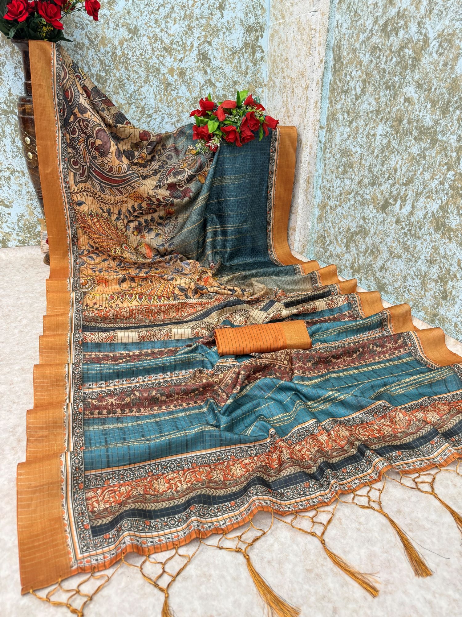 Mysore silk saree in teal and mustard with peacock jari design