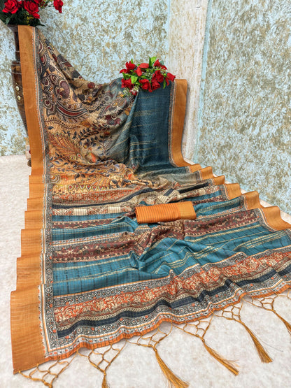 Mysore silk saree in teal and mustard with peacock jari design