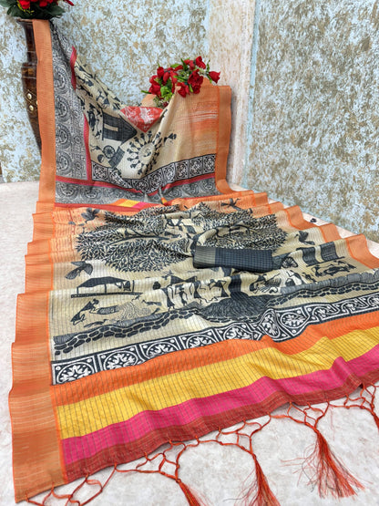 Mysore silk saree with tribal art and golden zari work