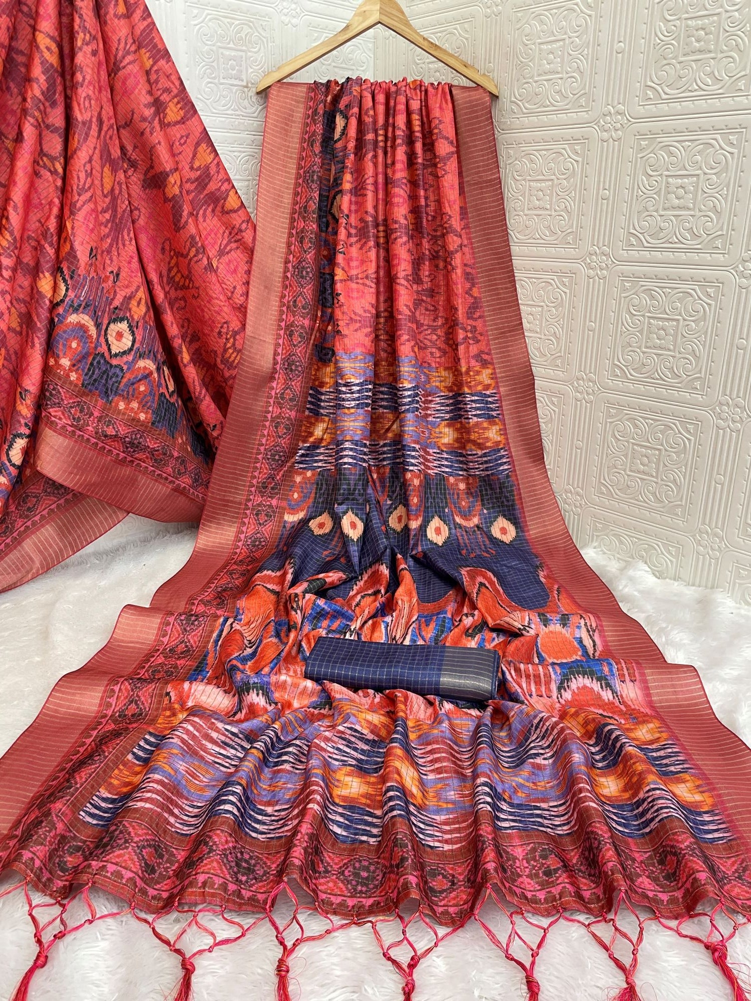 Traditional Red & Blue Mysore Silk Saree with Jari Checks and Ikat Design